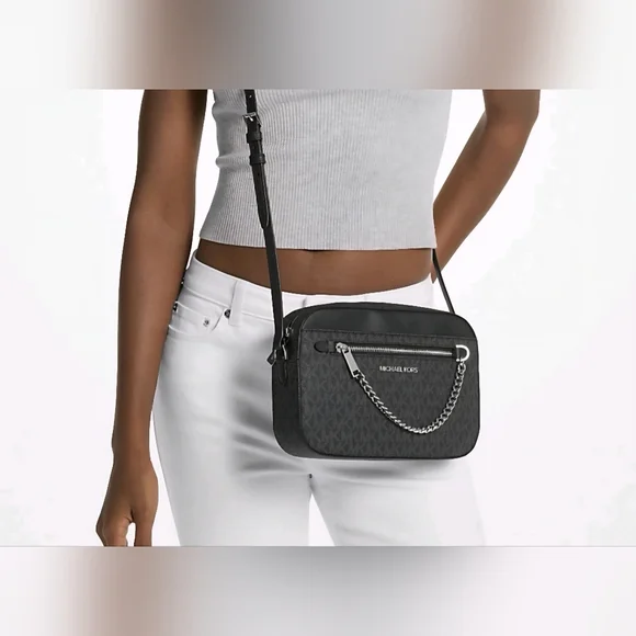 Michael Kors Jet Set Large Logo Crossbody Bag (Black) NWT - Picture 1 of 9